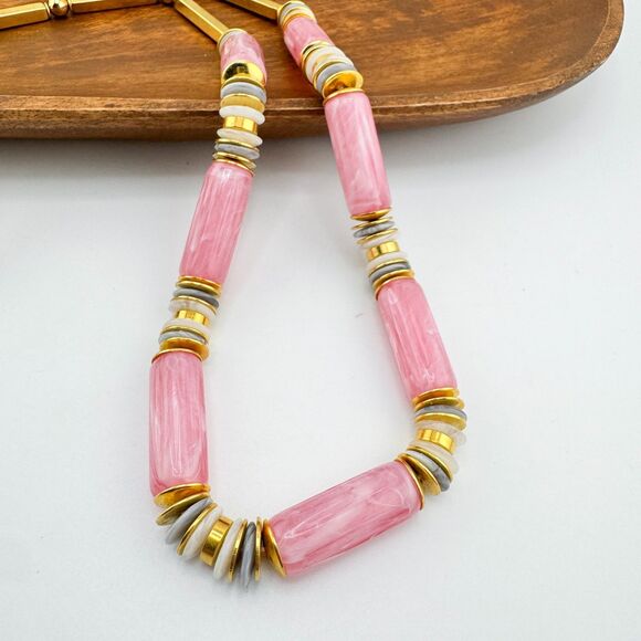 Vintage Lucite Gold Tone Pink Beaded Statement Necklace Geometric Bar Retro - Picture 5 of 13
